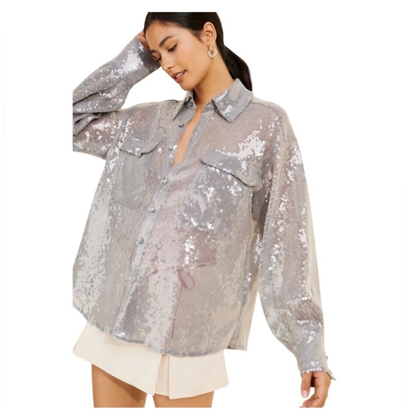 Free People “Disco Margarita” Sequin Button-Down Shirt – Silver – Size Small - Picture 2 of 16